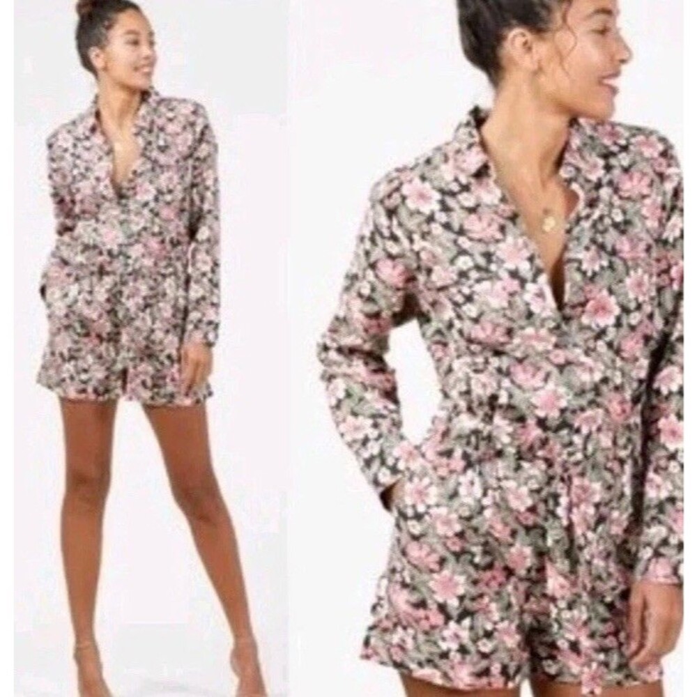 Outerknown Wander Linen & Cotton Romper Shorts Small Black Pink Floral Cottage